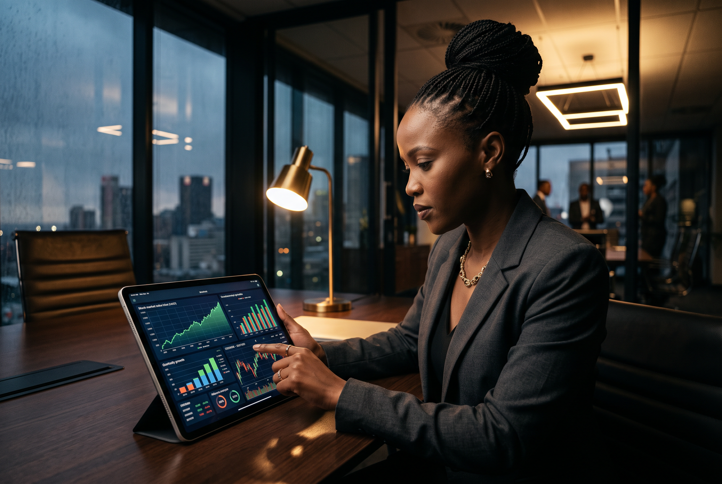 Financial analyst reviewing investment growth charts on a tablet